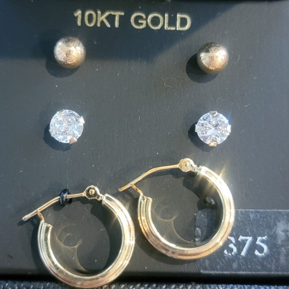 R. H. Macy & Co 3 PC Set 10K Gold Stud & CZ Earring Set